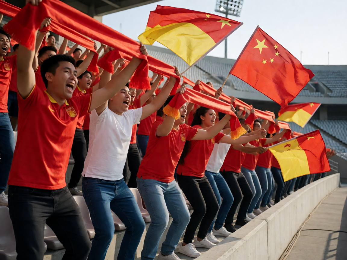 主场球迷在看台上挥舞旗帜庆祝球队进球的热烈场面